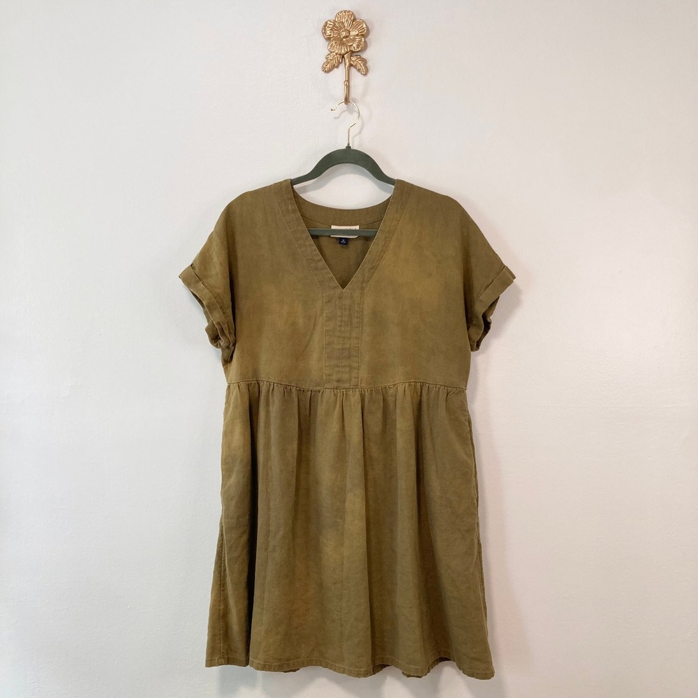 Boho Cottagecore Olive Green Mineral Wash Linen Blend V-Neck Babydoll Dress M
